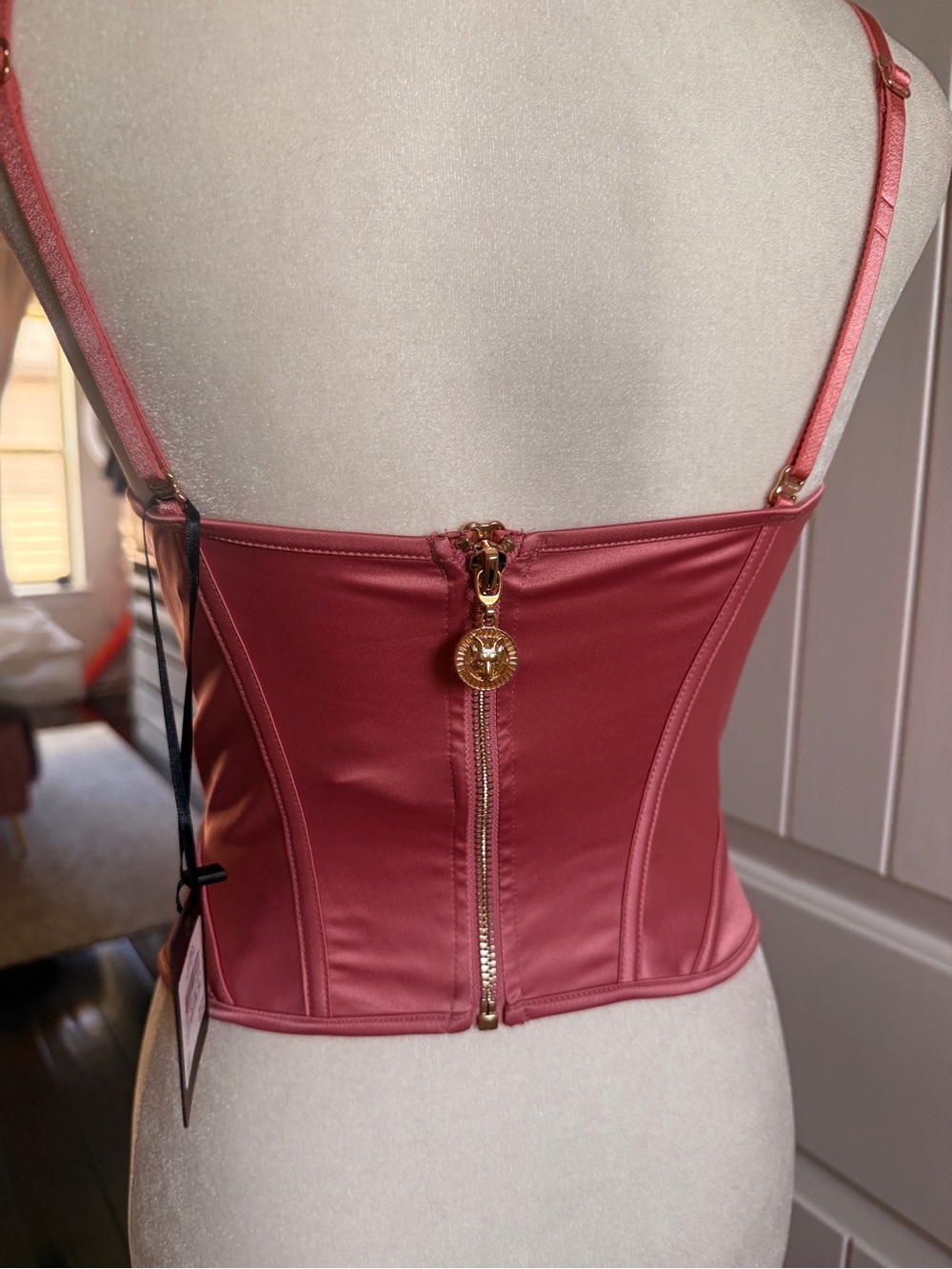 Honey Birdette Rose Pink Satin Bustier with Gold Chain Straps - Picture 5 of 10